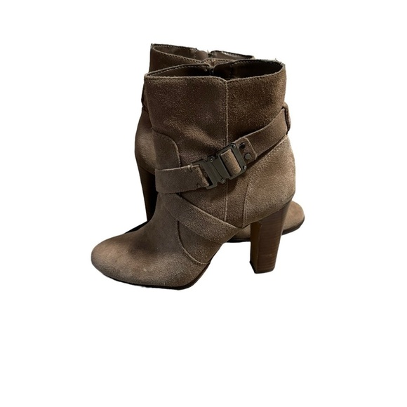 Vince Camuto Shoes - Vince Camuto Womens Beige Suede Connolly Mid-Shaft Boot Belted Chunky Heel  8.5